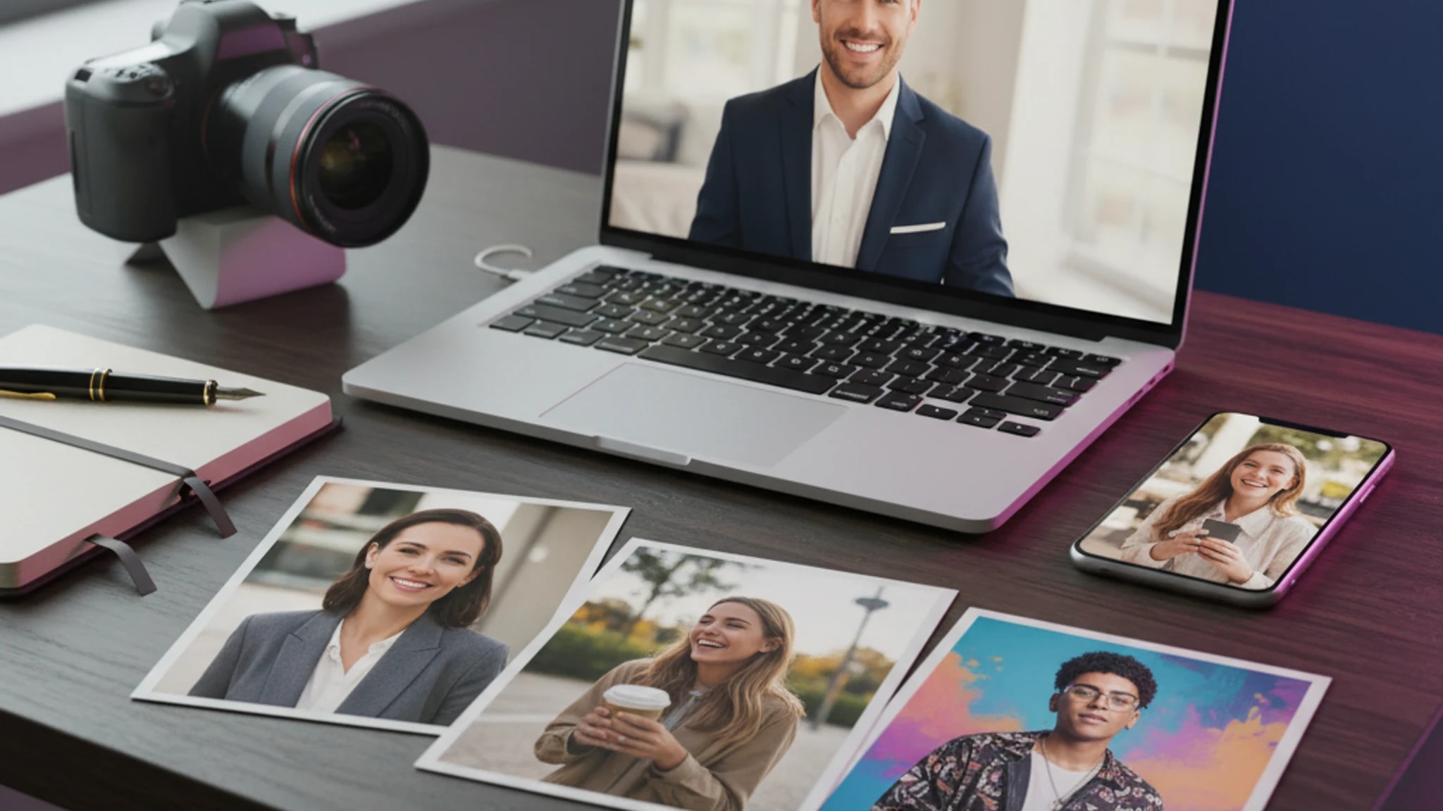 Editorial workspace scene with portrait photos representing professional, dating, and creator use cases