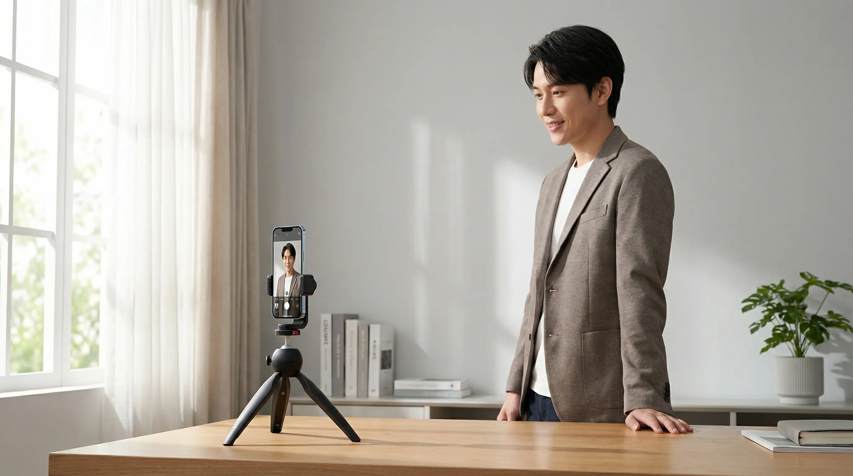 Professional headshot taken at home with simple setup