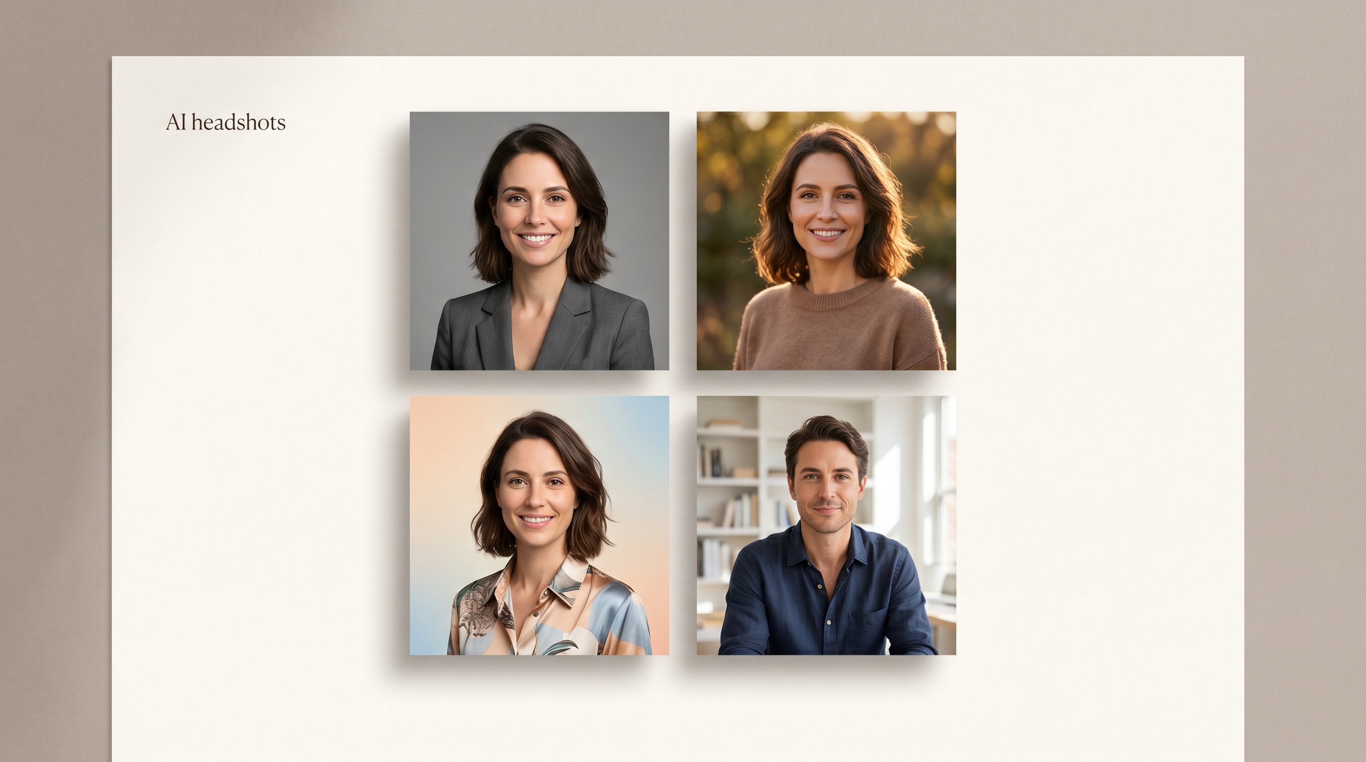 Editorial grid of four AI-generated headshot variations in corporate, outdoor, creative, and casual styles, illustrating the breadth of modern AI headshot tools