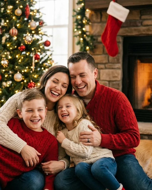 AI-generated family holiday card photo by fireplace with matching sweaters