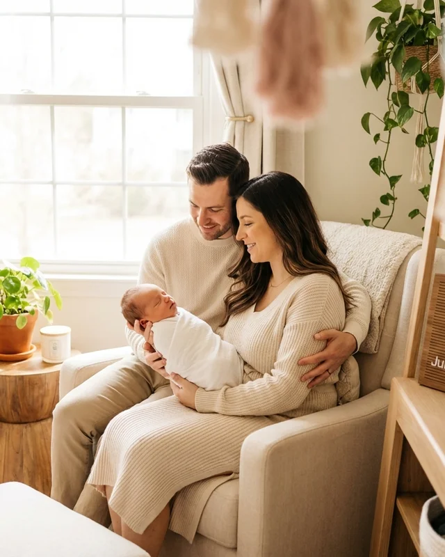 AI-generated baby announcement portrait with new parents