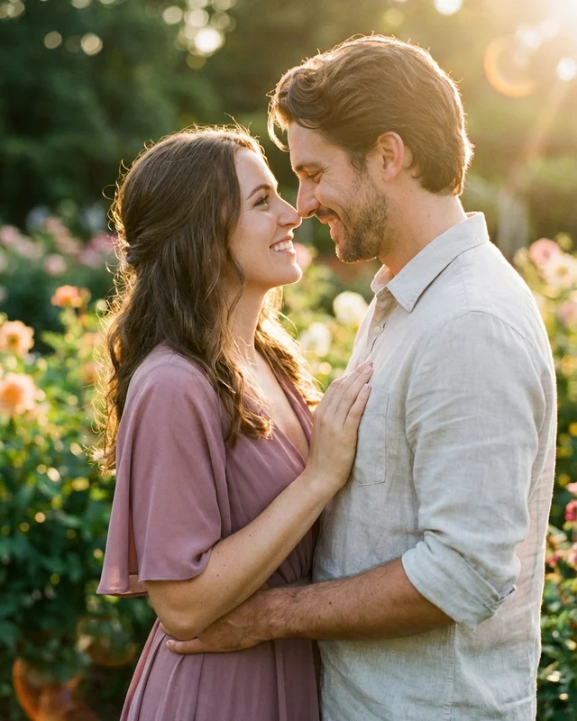 AI-generated romantic couple portrait in garden at golden hour
