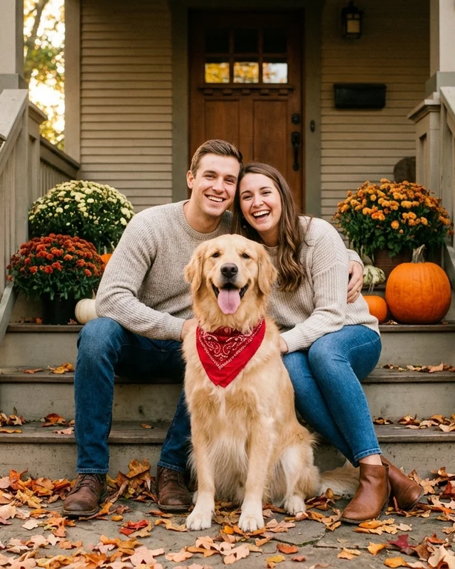 AI-generated family portrait with golden retriever on front porch
