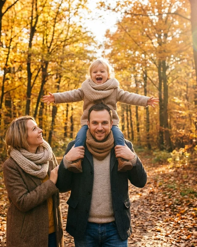 AI-generated autumn family lifestyle photo on tree-lined path