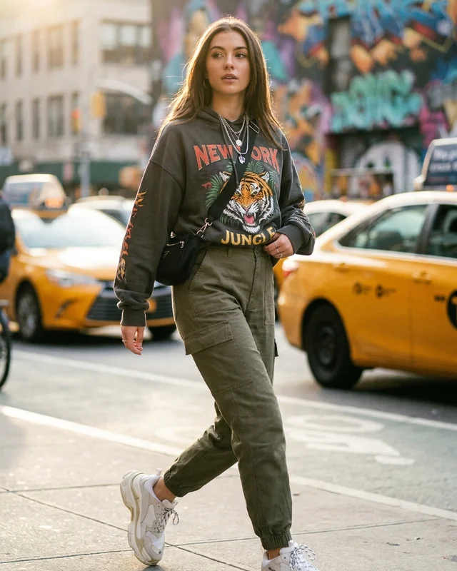 AI-generated streetwear fashion photo with oversized hoodie, cargo pants, and sneakers on a downtown city street