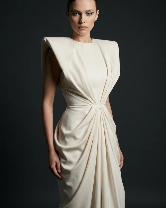 AI-generated runway editorial fashion photo with an architectural black and white dress on a studio backdrop