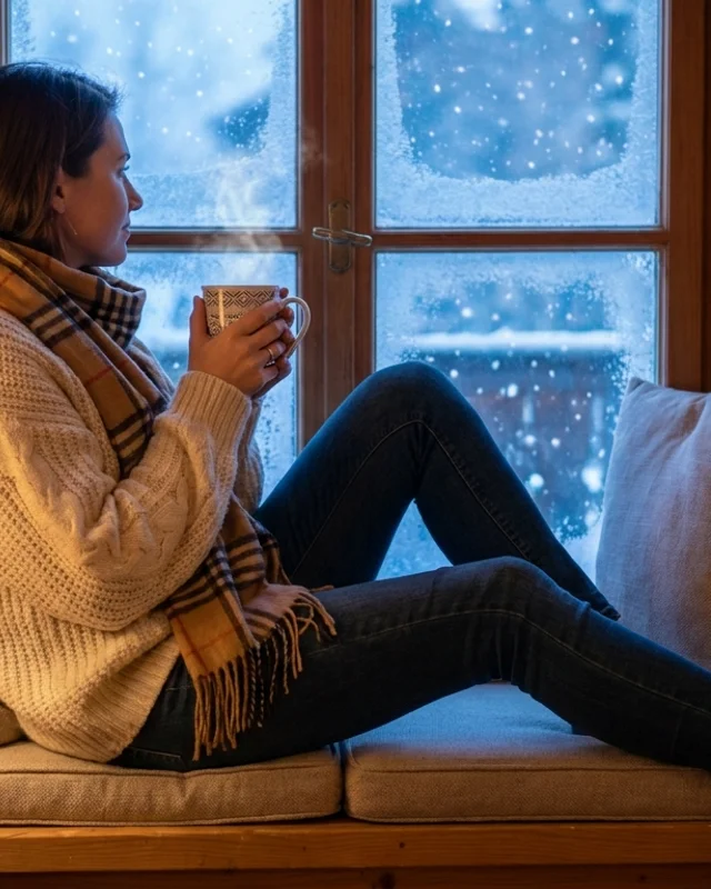 AI-generated winter fashion photo in a chunky cable-knit sweater by a snowy window