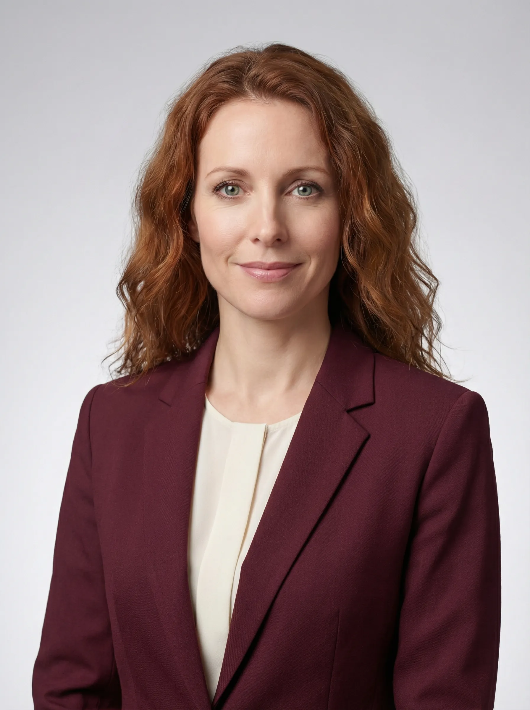 Senior team member headshot styled in burgundy on the same neutral studio backdrop