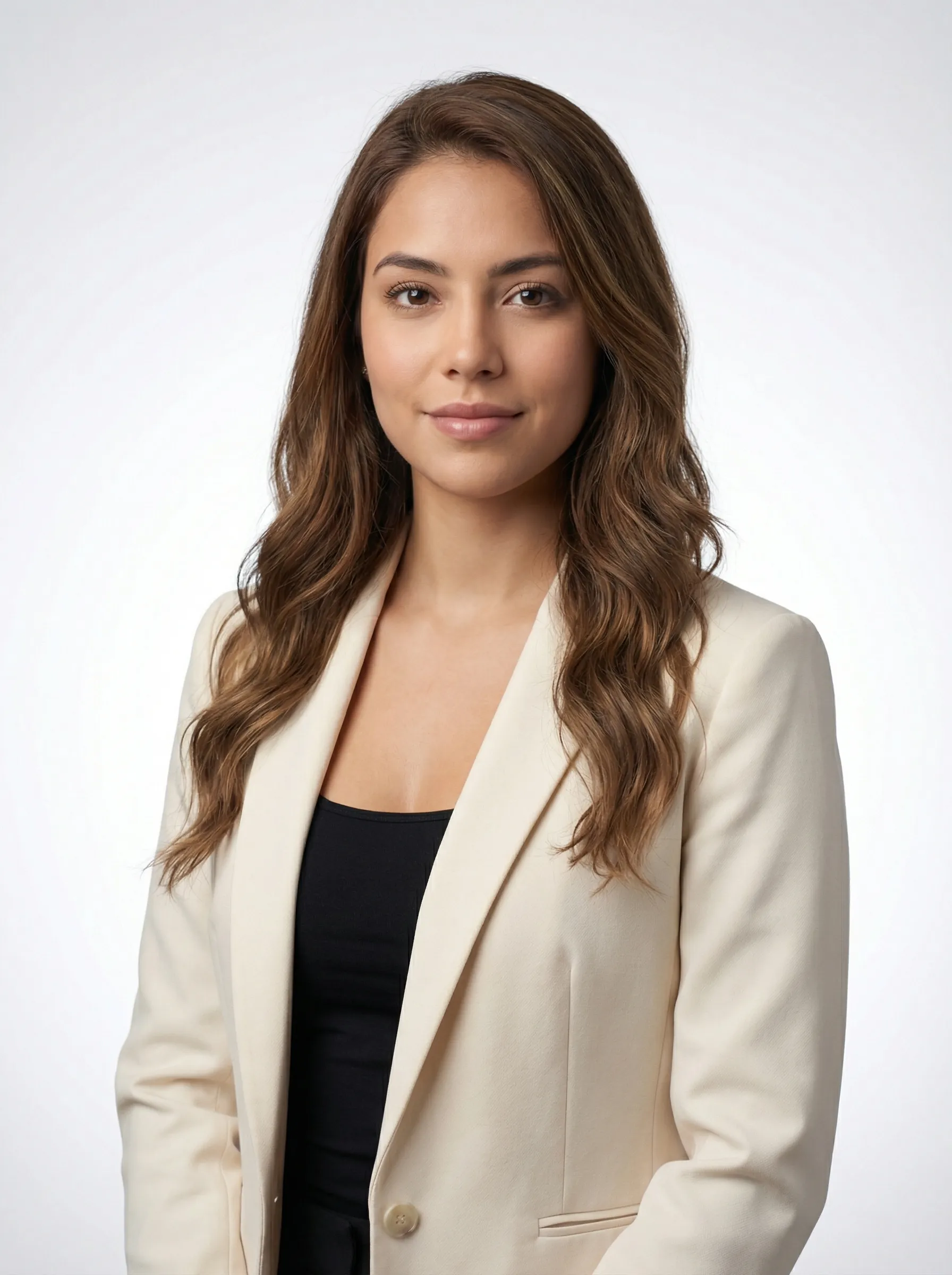 Design team headshot with a softer cream blazer on the same neutral studio backdrop