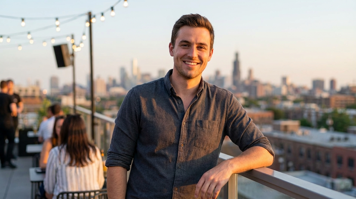 Man at rooftop bar at sunset with confident relaxed expression, ideal Tinder photo